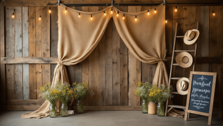 Cinematic wide shot of a rustic wedding photobooth corner with reclaimed wood backdrop, burlap draping, mason jars of wildflowers, vintage props, and warm lighting, evoking countryside romance.