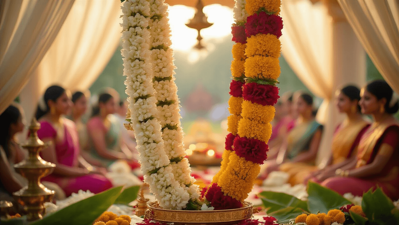 Photorealistic image of a South Indian wedding garland exchange ceremony, featuring intricate floral garlands of jasmine, tuberoses, marigolds, and roses, with a softly blurred background of brass lamps and guests in colorful sarees, illuminated by warm golden hour lighting.