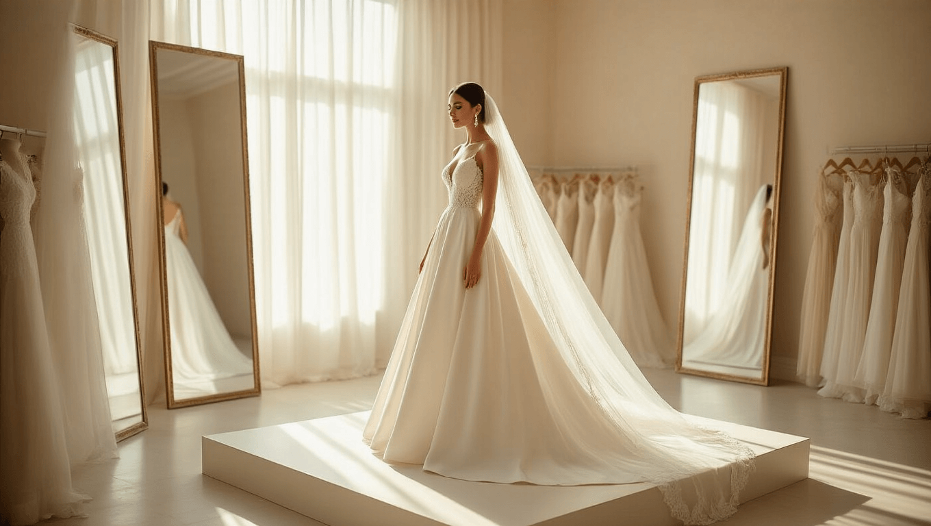 A bride in an ivory silk mikado A-line gown stands on a raised platform in a serene bridal boutique, with floor-length mirrors, soft sunlight filtering through sheer curtains, and a flowing cathedral-length veil. The warm neutral color palette and pearl drop earrings enhance the ethereal atmosphere.