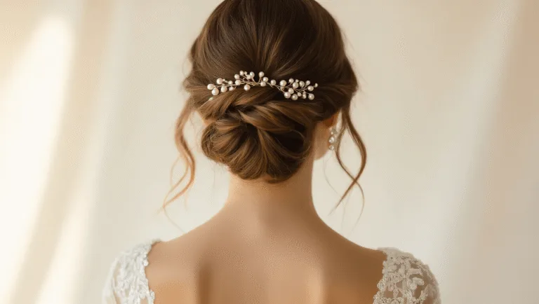 A bride with a textured updo featuring pearl accessories, set against a clean white background with warm golden lighting enhancing the romantic mood.