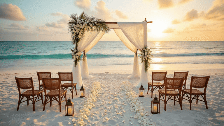 Cinematic aerial view of a tropical beach wedding setup featuring a silk canopy, cascading orchids, rattan chairs, rose petal aisle, and ambient lighting at golden hour.