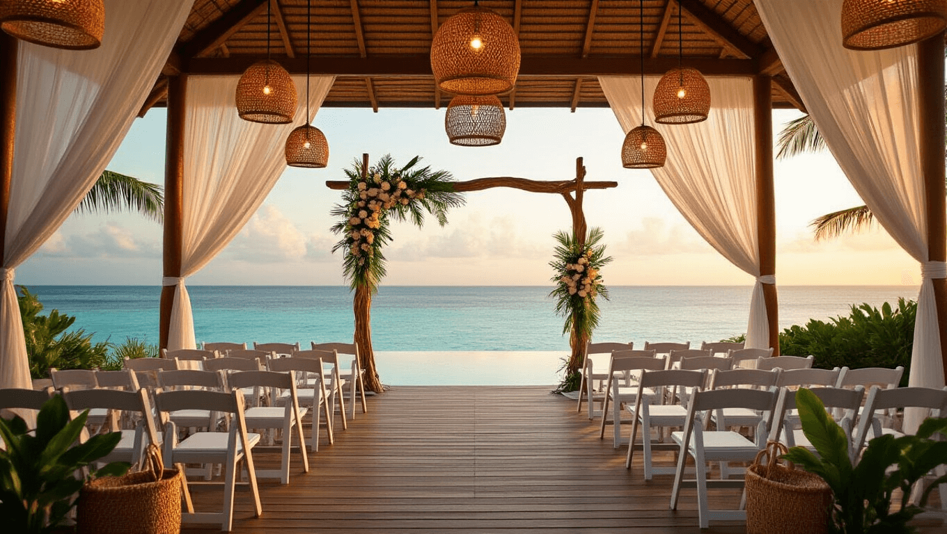 Cinematic wide-angle view of an elegant tropical wedding pavilion at golden hour, featuring bamboo structure, white orchid decorations, and a stunning ocean backdrop, with artfully arranged welcome elements in the foreground.