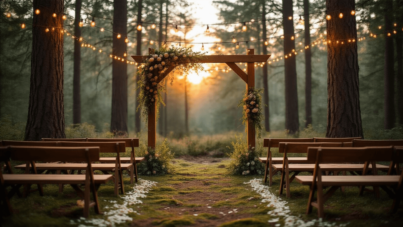 A dreamy twilight forest wedding ceremony featuring a rustic wooden arch adorned with wild roses and eucalyptus, surrounded by wooden benches on a moss-covered ground, illuminated by warm Edison bulb string lights, with a soft focus on the sparkling lake in the background.