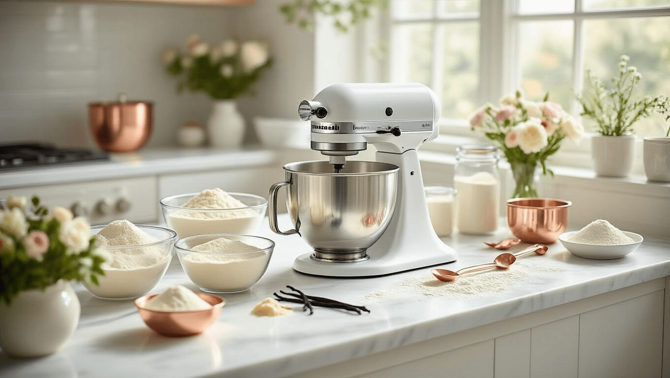 Photorealistic image of a modern pastry kitchen with a white marble countertop, featuring a KitchenAid mixer, glass bowls of vegan ingredients, pre-lined cake pans, and elegant copper measuring spoons, all bathed in natural light with a soft, minimalist aesthetic.