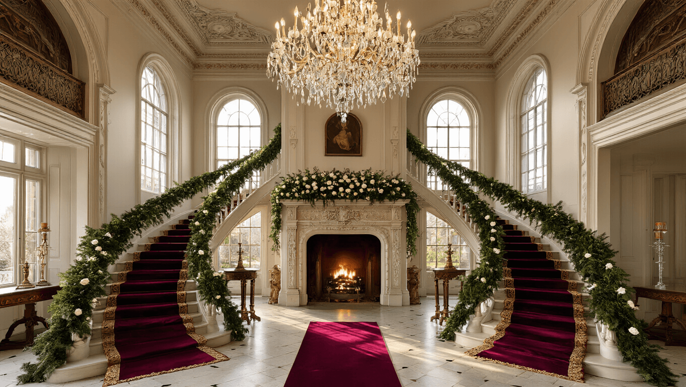 A grand Victorian entrance hall adorned with evergreen garlands and white roses, featuring twin curved staircases draped in burgundy velvet, a crystal chandelier, and warm golden hour lighting, creating a magical winter wedding atmosphere.