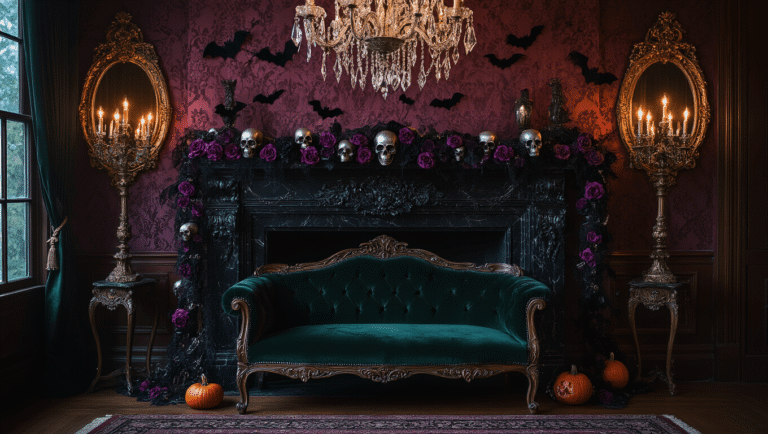 Cinematic photograph of a Victorian parlor at dusk, featuring a Halloween garland of black lace bats, silver skulls, and purple roses, with atmospheric lighting from candelabras casting shadows on burgundy damask wallpaper.