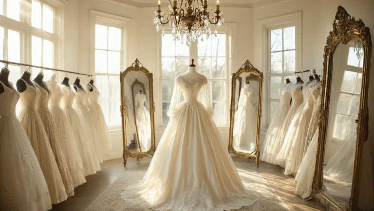 A restored 1950s ivory silk wedding gown displayed in a vintage boutique, illuminated by sunlight and reflecting in ornate triple mirrors, surrounded by preserved dresses in muted tones.