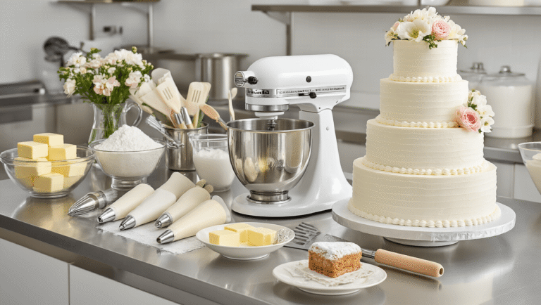 Photorealistic bakery workspace with a KitchenAid mixer, piping bags, spatulas, and a cake turntable; multiple tiers of white wedding cake in progress, decorated with pearls, flowers, and ribbons, illuminated by soft natural light.