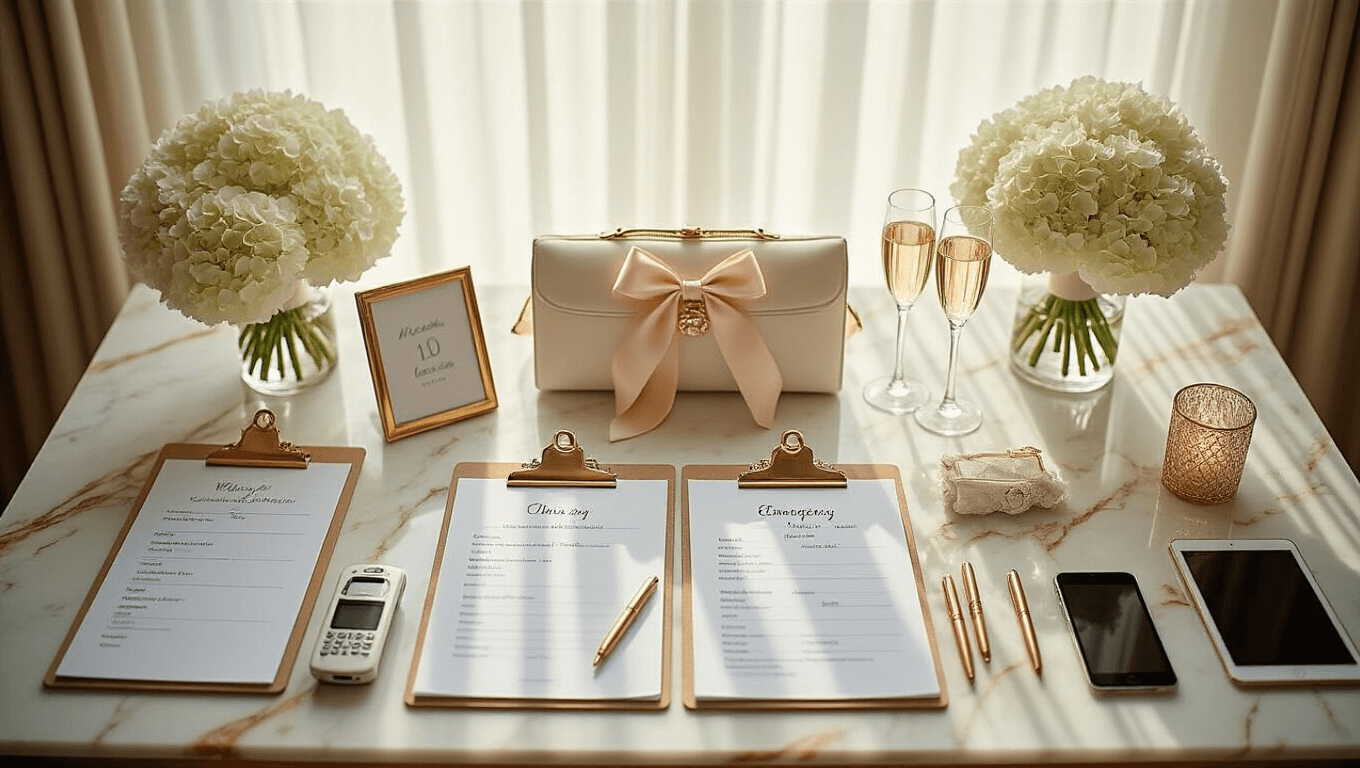 Cinematic overhead shot of an elegant wedding coordination command center on a polished marble table, featuring organized clipboards, a luxurious emergency kit, professional tools, and soft natural lighting, embodying organized elegance and meticulous planning.
