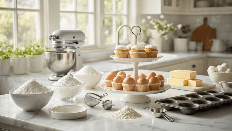 A bright and airy kitchen scene featuring a pristine white marble countertop with baking ingredients artfully arranged, including crystalline sugar, sifted flour, farm-fresh eggs, and premium butter, along with professional-grade mixing tools and cupcake liners, illuminated by natural sunlight.