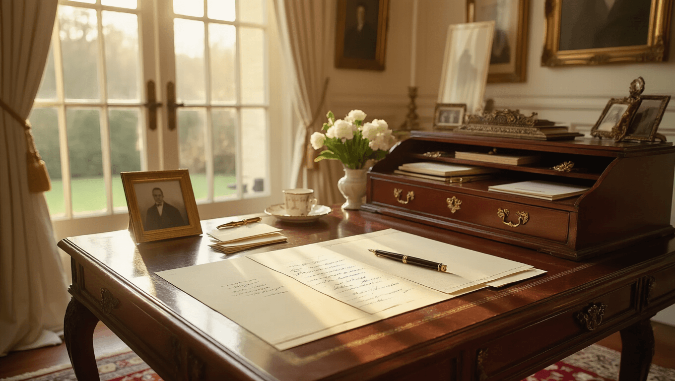 A warm home office scene featuring an antique mahogany desk adorned with elegant wedding stationery and a gold-trimmed fountain pen, bathed in golden afternoon light, with soft textures, vintage photographs, fresh white flowers, and brass accents, all evoking a thoughtful and inviting atmosphere.