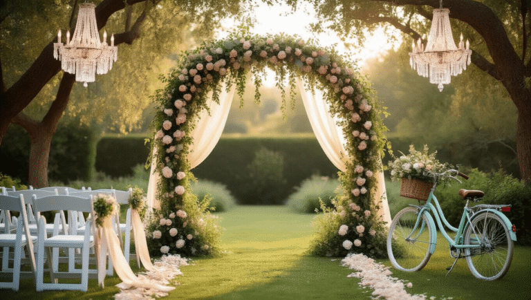 A dreamy garden wedding ceremony with a floral arch, vintage chairs, a mint-green bicycle adorned with wildflowers, and chandeliers, all bathed in warm golden hour light.