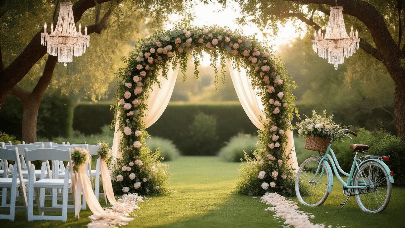A dreamy garden wedding ceremony with a floral arch, vintage chairs, a mint-green bicycle adorned with wildflowers, and chandeliers, all bathed in warm golden hour light.