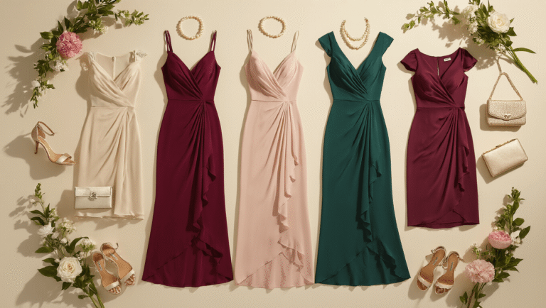 Flat lay of elegant wedding guest dresses in jewel tones and pastels, styled with pearl jewelry, strappy heels, silk clutches, and fresh florals on a cream background with soft natural lighting.