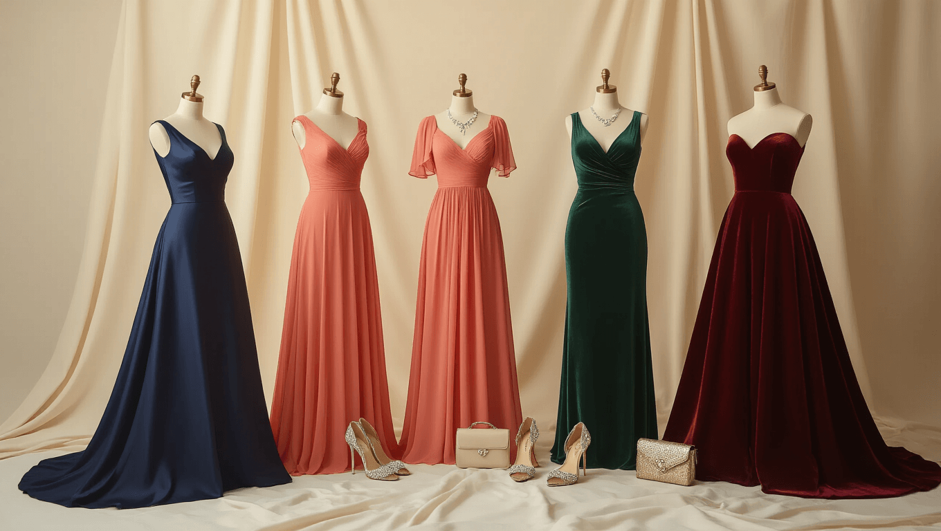 A collection of elegant wedding guest dresses displayed on mannequins against a soft cream backdrop, featuring a navy silk gown, coral chiffon maxi dress, emerald cocktail dress, and burgundy velvet midi dress, with crystal-embellished heels, delicate jewelry, and metallic clutches, all captured in warm studio lighting.