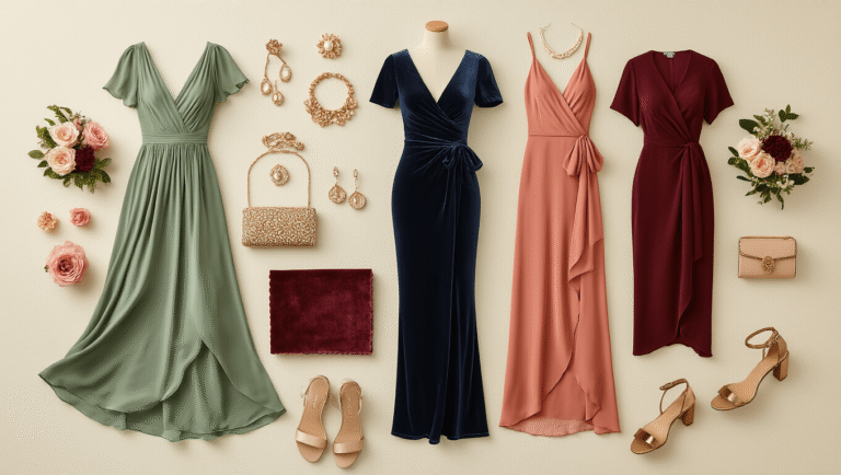 Flat lay of elegant wedding guest outfit elements including a sage green midi dress, navy velvet fabric swatch, coral chiffon material, burgundy jumpsuit, and dusty rose wrap dress, styled with gold jewelry, nude block heels, metallic sandals, beaded clutches, and fresh florals on a soft cream background.