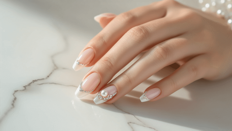 Elegant micro-French tip wedding nails in ivory and blush pink, adorned with pearl accents and crystal details, resting on a clean white marble surface with soft natural lighting.