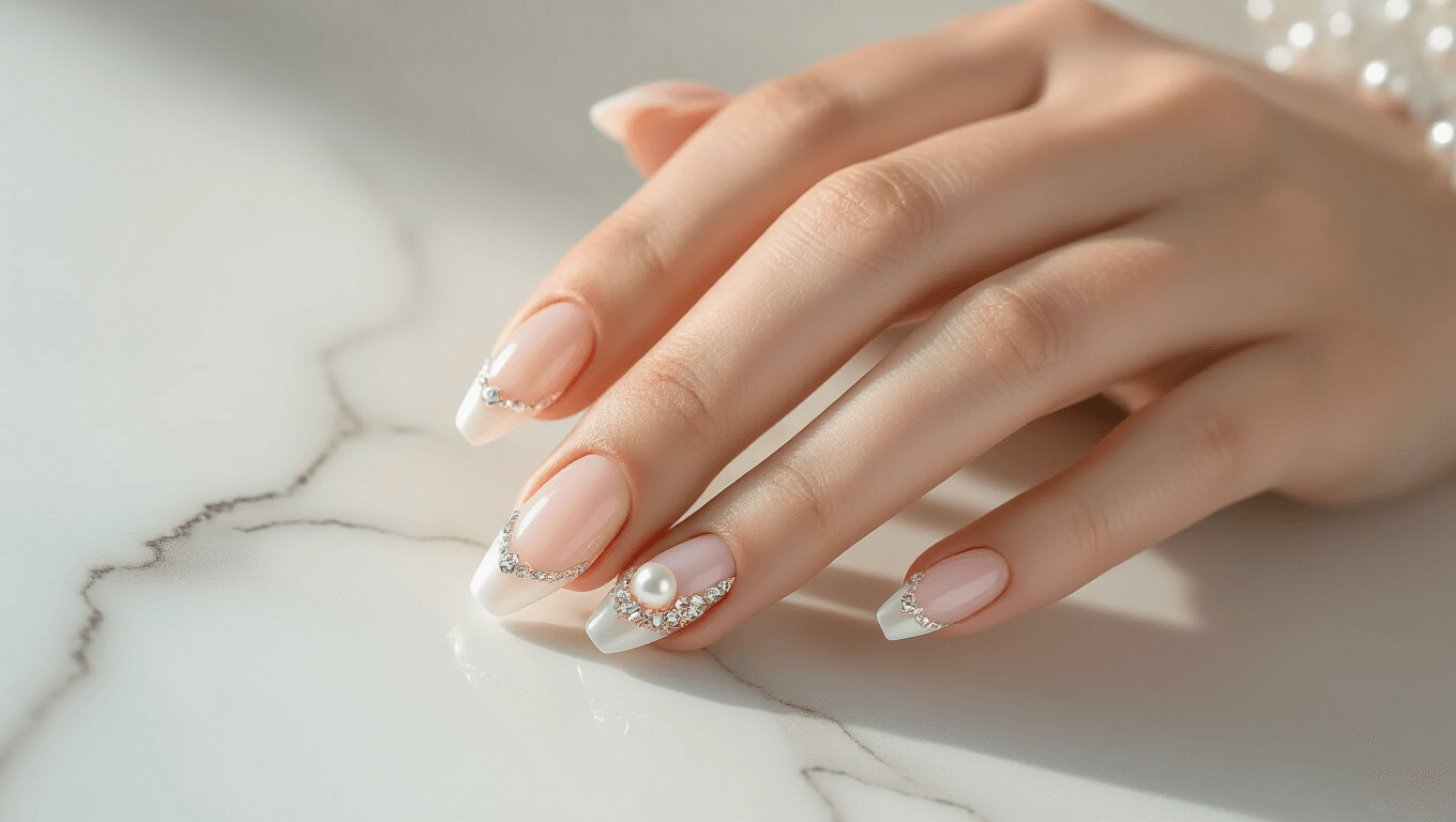 Elegant micro-French tip wedding nails in ivory and blush pink, adorned with pearl accents and crystal details, resting on a clean white marble surface with soft natural lighting.