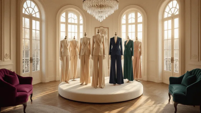 A luxurious bridal boutique styling suite showcasing elegant wedding guest pantsuits and jumpsuits in champagne, navy, emerald, and blush tones, illuminated by warm golden hour light and framed by plush velvet furnishings and chic accessories.