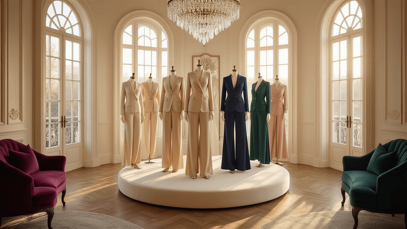 A luxurious bridal boutique styling suite showcasing elegant wedding guest pantsuits and jumpsuits in champagne, navy, emerald, and blush tones, illuminated by warm golden hour light and framed by plush velvet furnishings and chic accessories.
