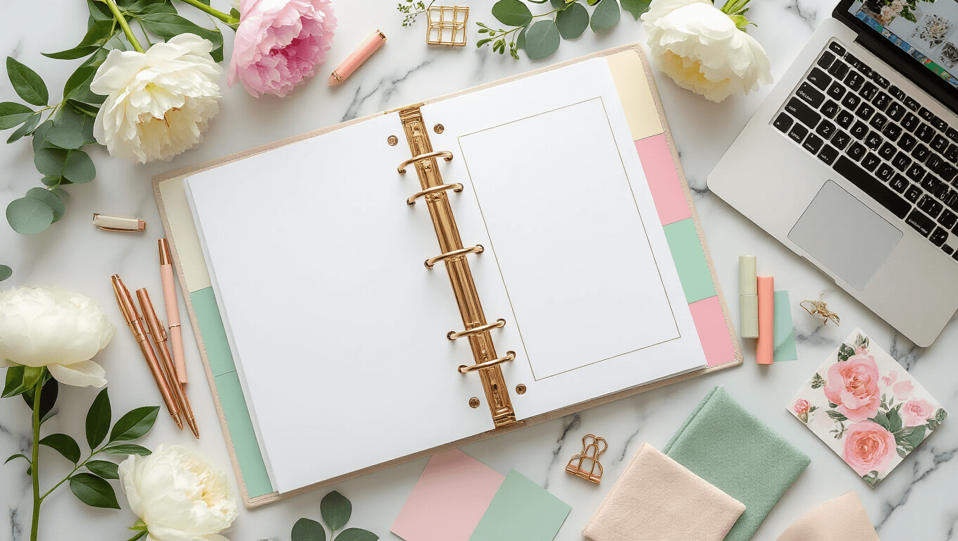 Cinematic overhead view of an elegant marble desk with an open wedding planning binder, vibrant color-coded tab dividers, rose gold pens, pastel highlighters, fabric swatches, floral clippings, and a modern laptop, accented by fresh peonies and eucalyptus, all bathed in warm natural light.