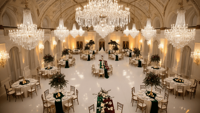 Opulent winter wedding ballroom with crystal chandeliers, emerald velvet accents, and burgundy touches, featuring warm golden lighting and an ethereal ambiance.