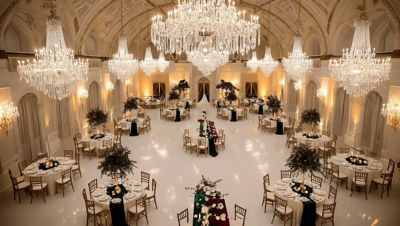 Opulent winter wedding ballroom with crystal chandeliers, emerald velvet accents, and burgundy touches, featuring warm golden lighting and an ethereal ambiance.
