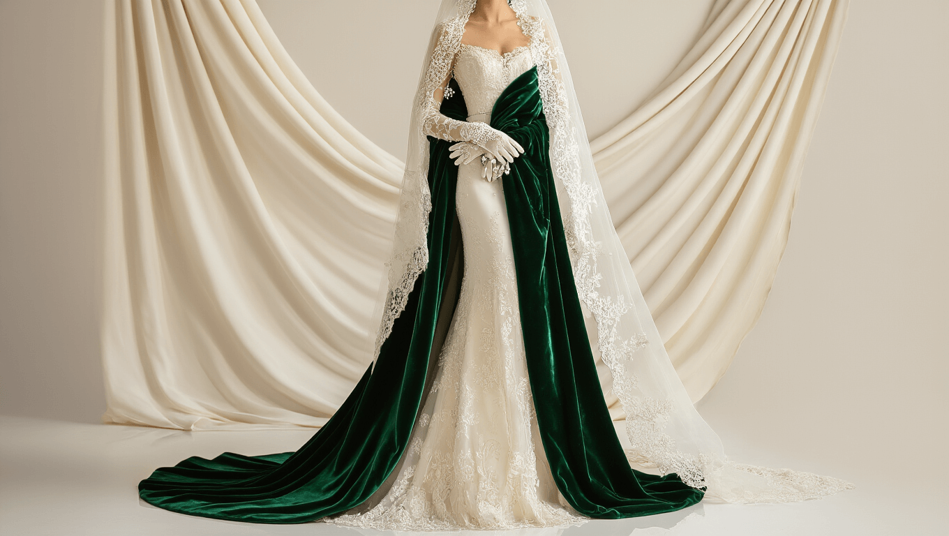 Bride in an ivory silk wedding gown with long fitted sleeves and pearl beading, wearing an emerald velvet wrap and white lace gloves, set against a clean white background with warm lighting.