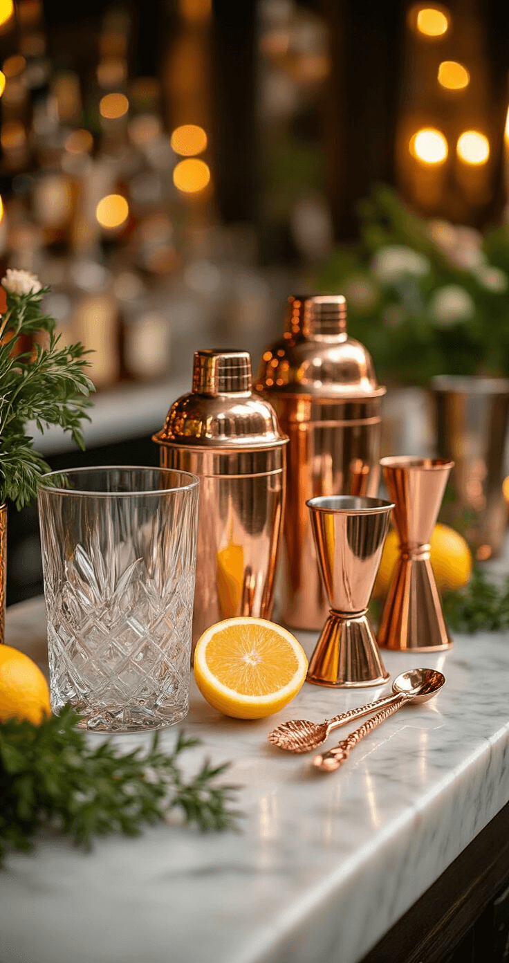 Close-up of an elegant wedding bar setup featuring crystal glassware, copper cocktail tools, fresh citrus, and herbs, illuminated by golden hour light with a soft bokeh background.