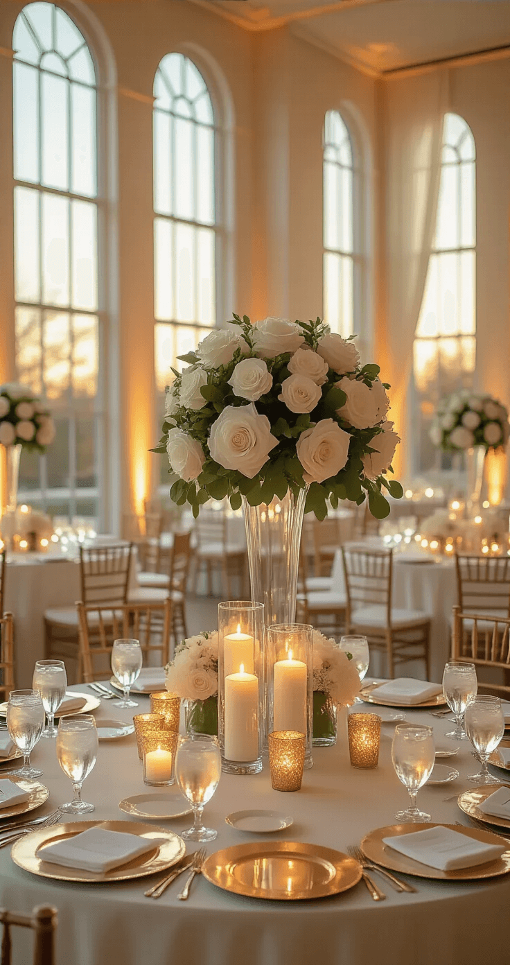 A beautifully lit reception hall with 12ft ceilings, featuring eight round tables decorated with layered Dollar Tree centerpieces, tall glass hurricane vases with LED candles, artificial roses, and eucalyptus. Warm golden light filters through floor-to-ceiling windows, reflecting off mirror charger plates and gold-sprayed glass votive holders, creating a romantic atmosphere. The view is captured from eye level at the entrance, showcasing the depth of the room leading to a draped backdrop.