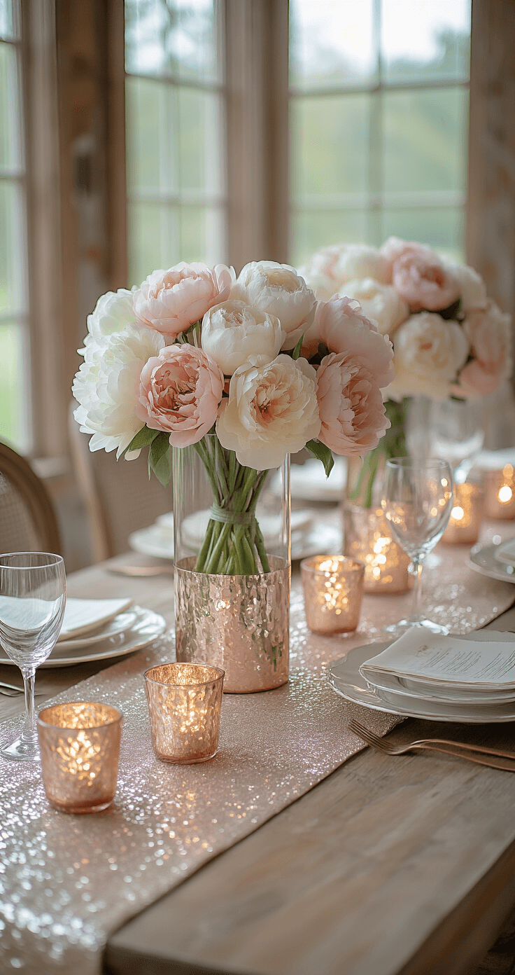 Intimate sweetheart table setup featuring a champagne sequined runner, vintage-inspired chairs, and metallic rose gold vases with blush and ivory peonies, surrounded by mercury glass votives, captured during blue hour with warm lighting.