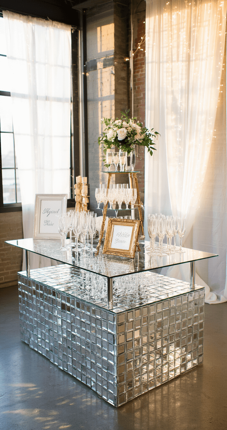 A wedding reception bar in a corner space features a glass-top table adorned with mirrored tiles, showcasing a three-tiered shelf of champagne flutes decorated with pearl ribbons. Gold-framed signage on easels is illuminated with fairy lights, while uplighting casts dramatic shadows, blending modern industrial and glamour aesthetics.