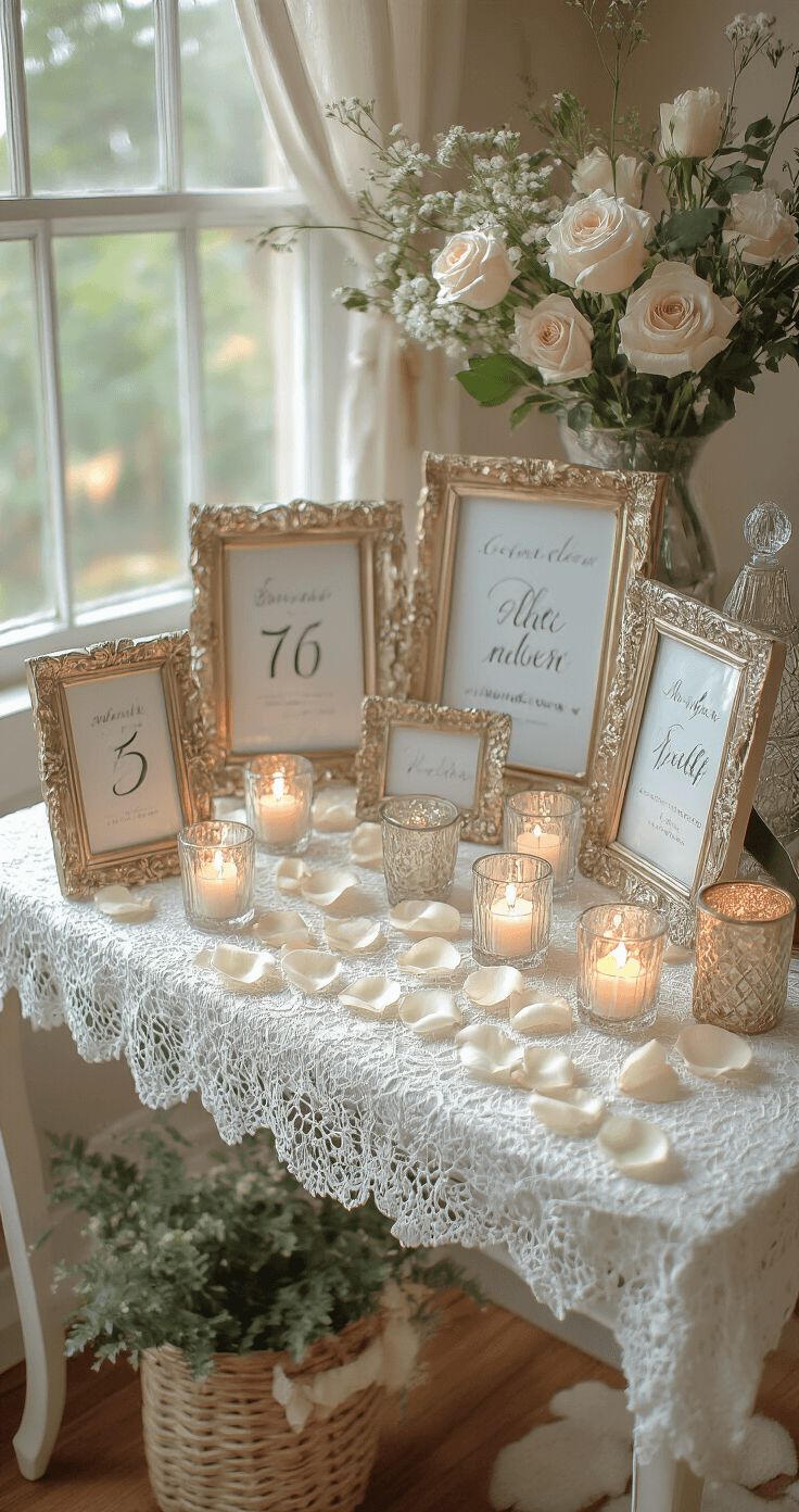 Aerial view of a vintage guest book table with a white lace overlay, featuring matte champagne photo frames, crystal-look frames with table numbers, scattered rose petals, and tea lights, all bathed in natural light and warm spotlighting for a romantic atmosphere.