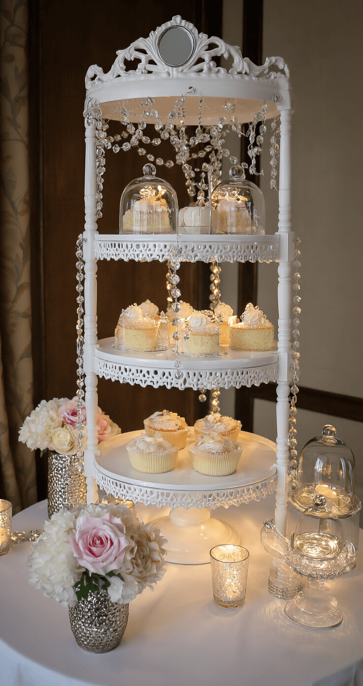 A three-tiered white shelving unit decorated with mirror tiles and crystal garlands displays an array of delicate desserts under glass cloches, framed by faux floral arrangements in metallic vases, all bathed in soft, professional lighting during a reception, embodying a modern fairytale aesthetic.