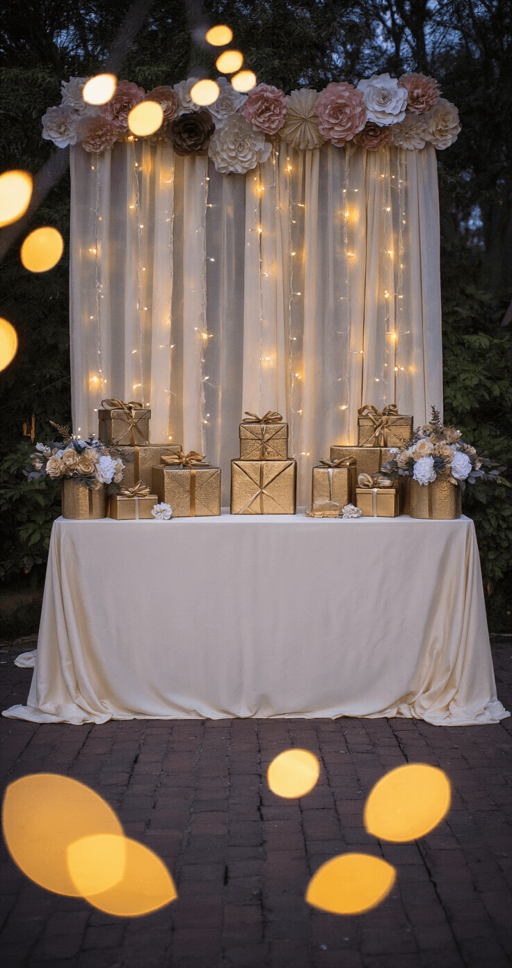 A beautifully arranged ivory-draped rectangular gift table at twilight, featuring metallic gift boxes of varying heights, embellished with ribbons and artificial flowers, in front of a DIY backdrop of curtain lights and paper flowers, captured from a bird's eye view with a dreamy bokeh effect.