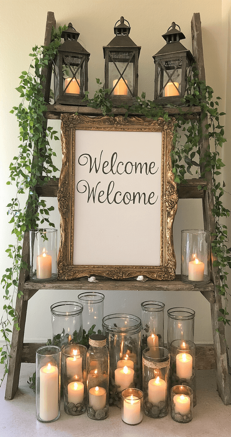 A rustic welcome area featuring a vintage ladder adorned with Dollar Tree lanterns holding LED candles and cascading greenery, alongside a personalized ornate gold-framed welcome sign and clusters of glass cylinders with floating candles, all illuminated by warm lighting in the soft glow of late afternoon.