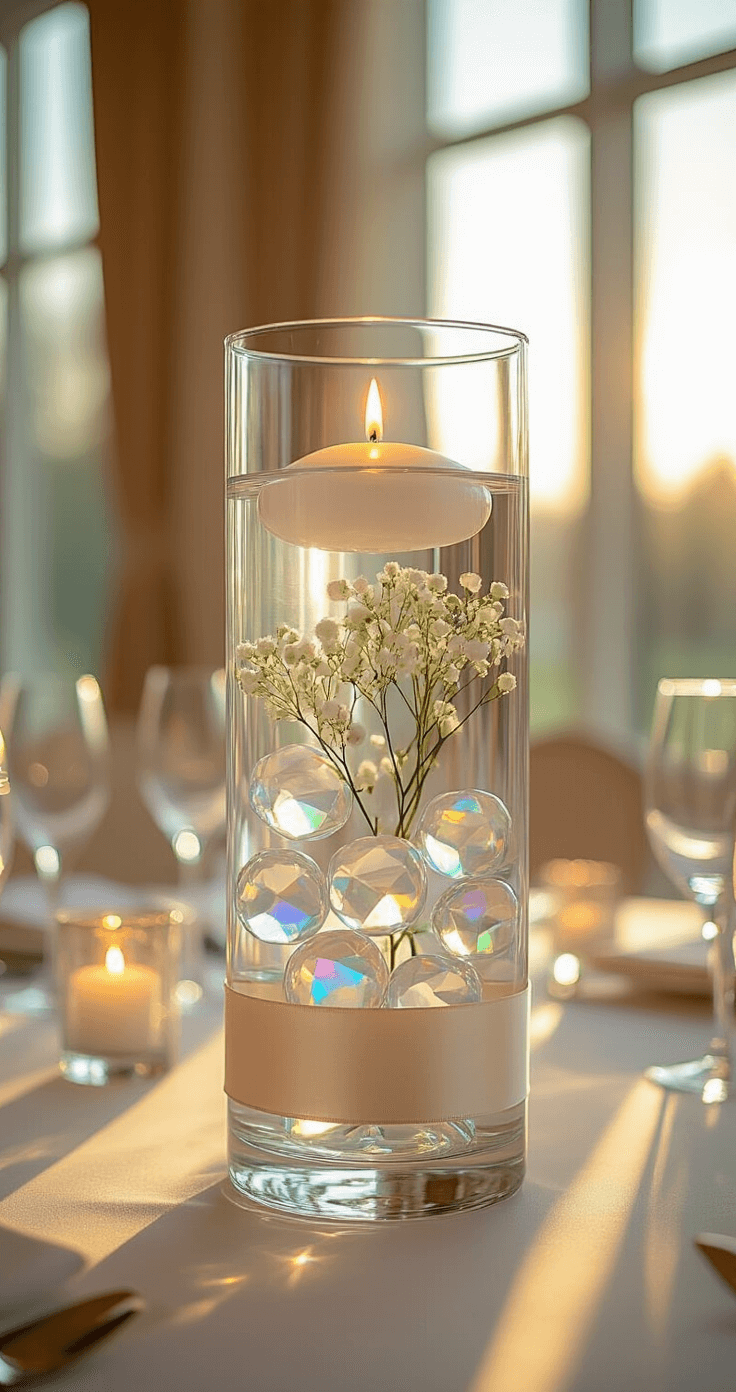 Elegant floating candle centerpiece on a banquet table, featuring a tall glass vase with a white candle and baby's breath, wrapped in champagne satin ribbon, illuminated by golden afternoon light.