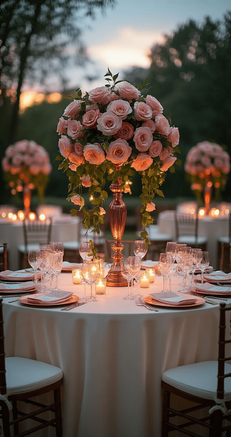 A beautifully arranged round wedding table draped in ivory linens, featuring a centerpiece of metallic rose gold repurposed wine glasses filled with blush pink coffee filter roses and cascading ivy, illuminated by warm ambient uplighting in the evening. Crystal accents shimmer in the soft light.