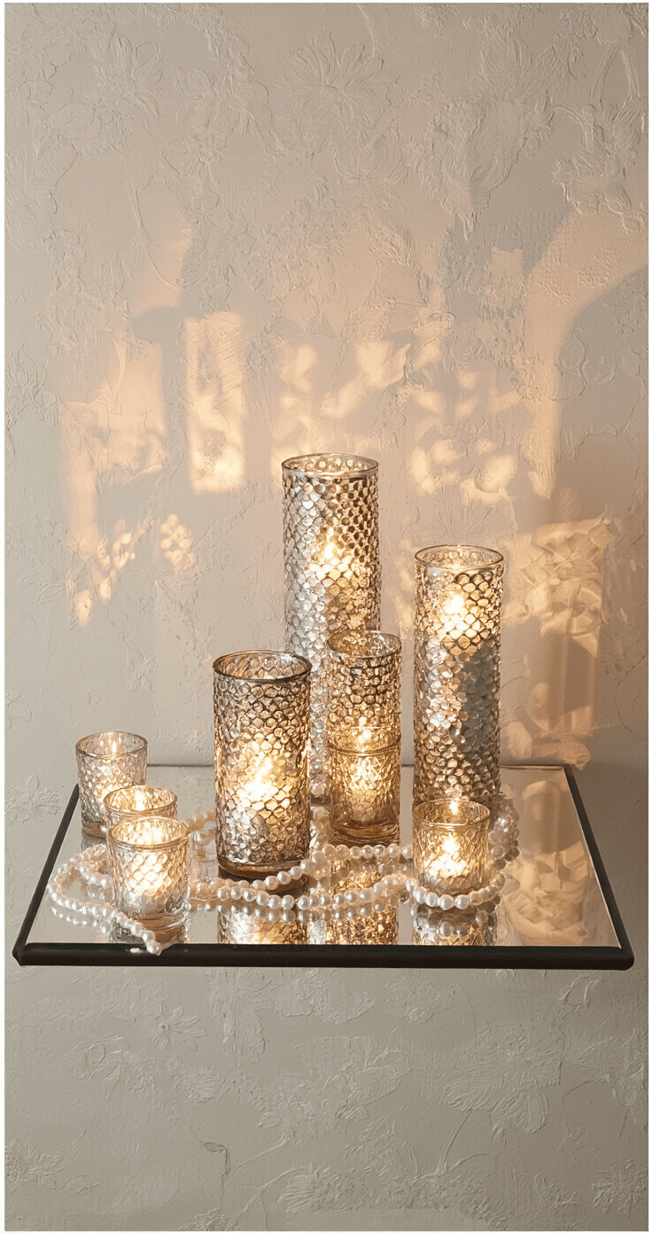 An intimate sweetheart table for four set against a textured ivory wall, adorned with varying heights of glass votives filled with LED tealights, pearl strands weaving between them, and mirror tiles reflecting soft dusk lighting, creating dramatic shadows.