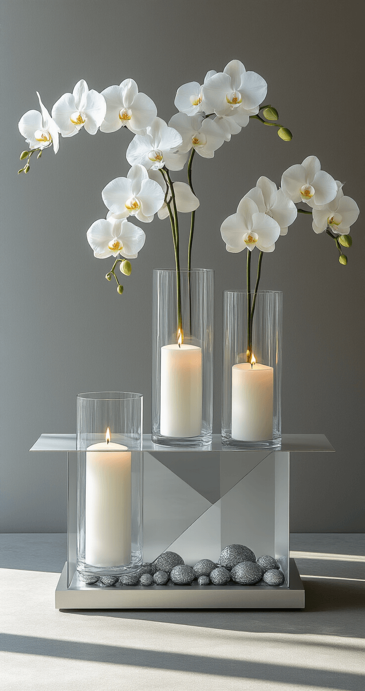 A modern minimalist accent table featuring three tall clear vases with submerged white orchids and floating candles, wrapped in geometric silver washi tape, with smoke-gray glass gems at the bottom, photographed from above at a 30-degree angle in soft morning light.