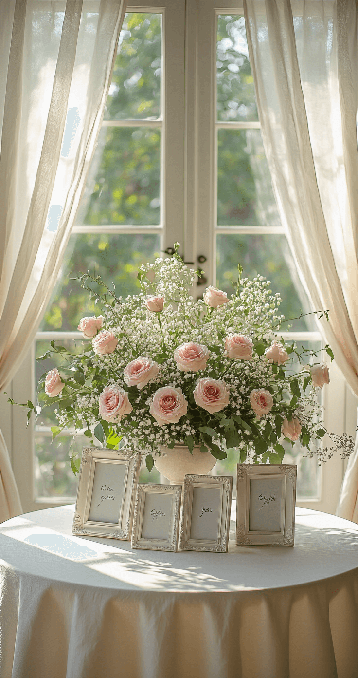 A beautifully set garden romance table with soft pink roses, baby's breath, and eucalyptus, framed by five antique white Dollar Tree frames, illuminated by late morning sunlight filtering through sheer drapes.