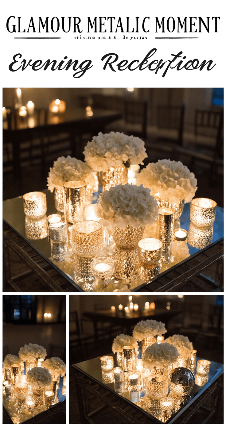 An elegant evening reception setup featuring a square cocktail table adorned with DIY mercury glass-style vessels, arranged in concentric circles at varying heights. The vessels are filled with white hydrangeas and silver-painted leaves, all beautifully illuminated by warm uplighting that creates captivating reflections and light patterns.