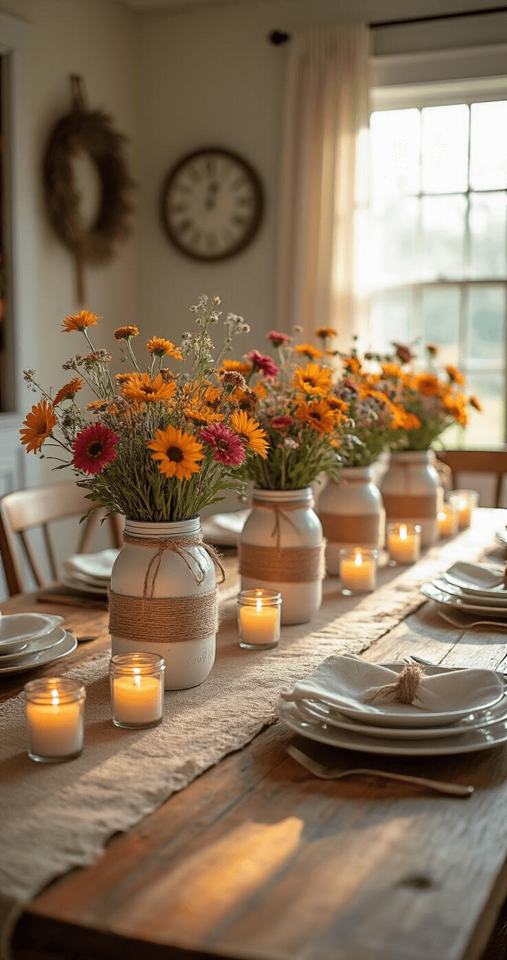 A rustic farmhouse table adorned with transformed mason jar centerpieces filled with vibrant wildflowers in sunset colors, surrounded by scattered votive candles, all illuminated by soft afternoon light.