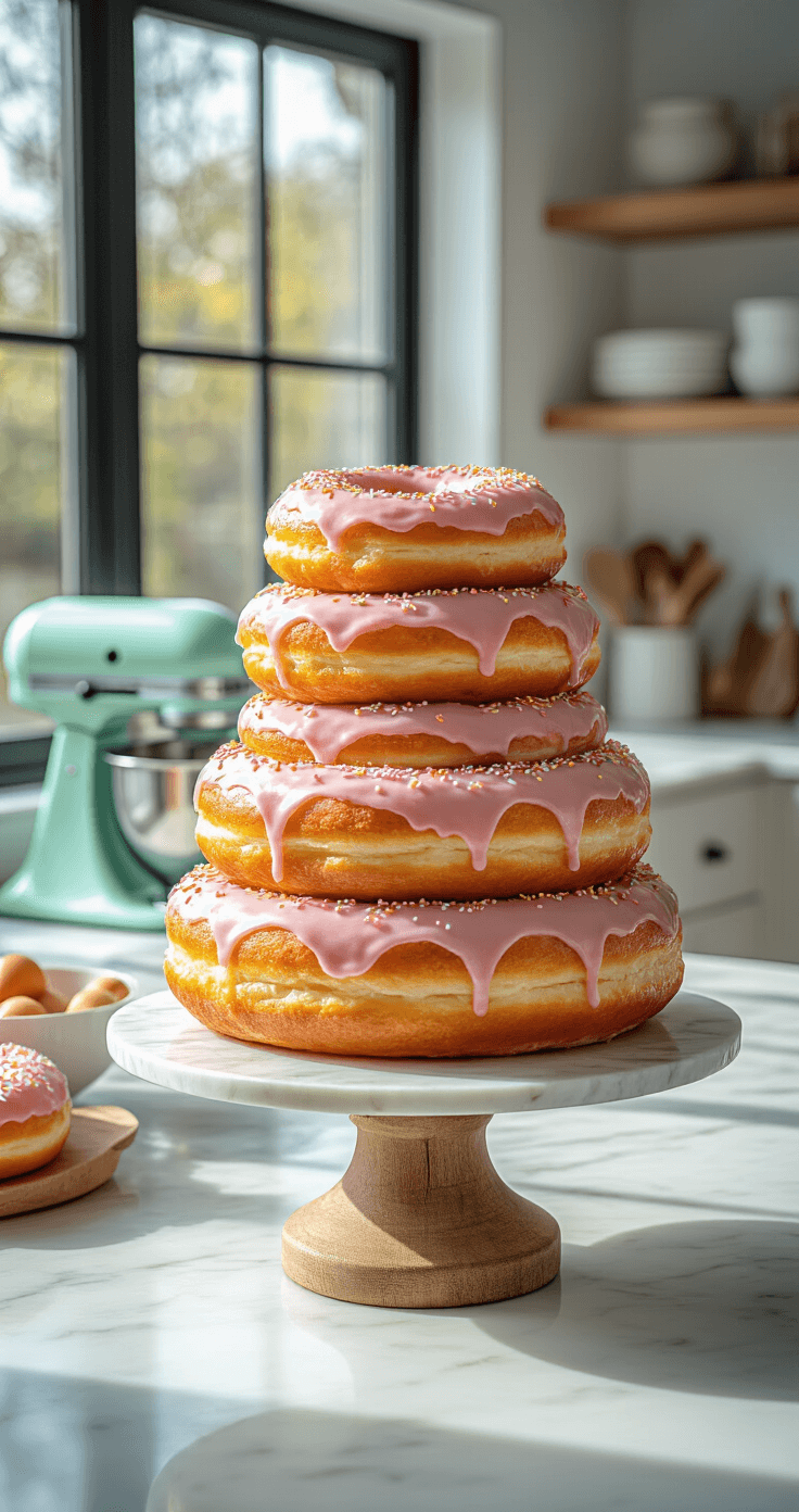 A modern kitchen with white marble countertops and floor-to-ceiling windows, featuring a towering giant donut cake with pink glaze and sprinkles on a rustic wooden stand, shot from an elevated angle with a soft-focus background of baking tools and a mint green KitchenAid mixer.