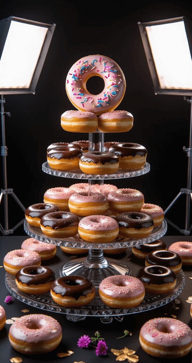 A beautifully arranged 3-tier donut tower on a crystal cake stand, featuring chocolate-glazed, rose-gold dusted, and an oversized rainbow sprinkle donut, set against a matte black backdrop with dramatic side lighting and scattered edible flowers and gold leaf accents.
