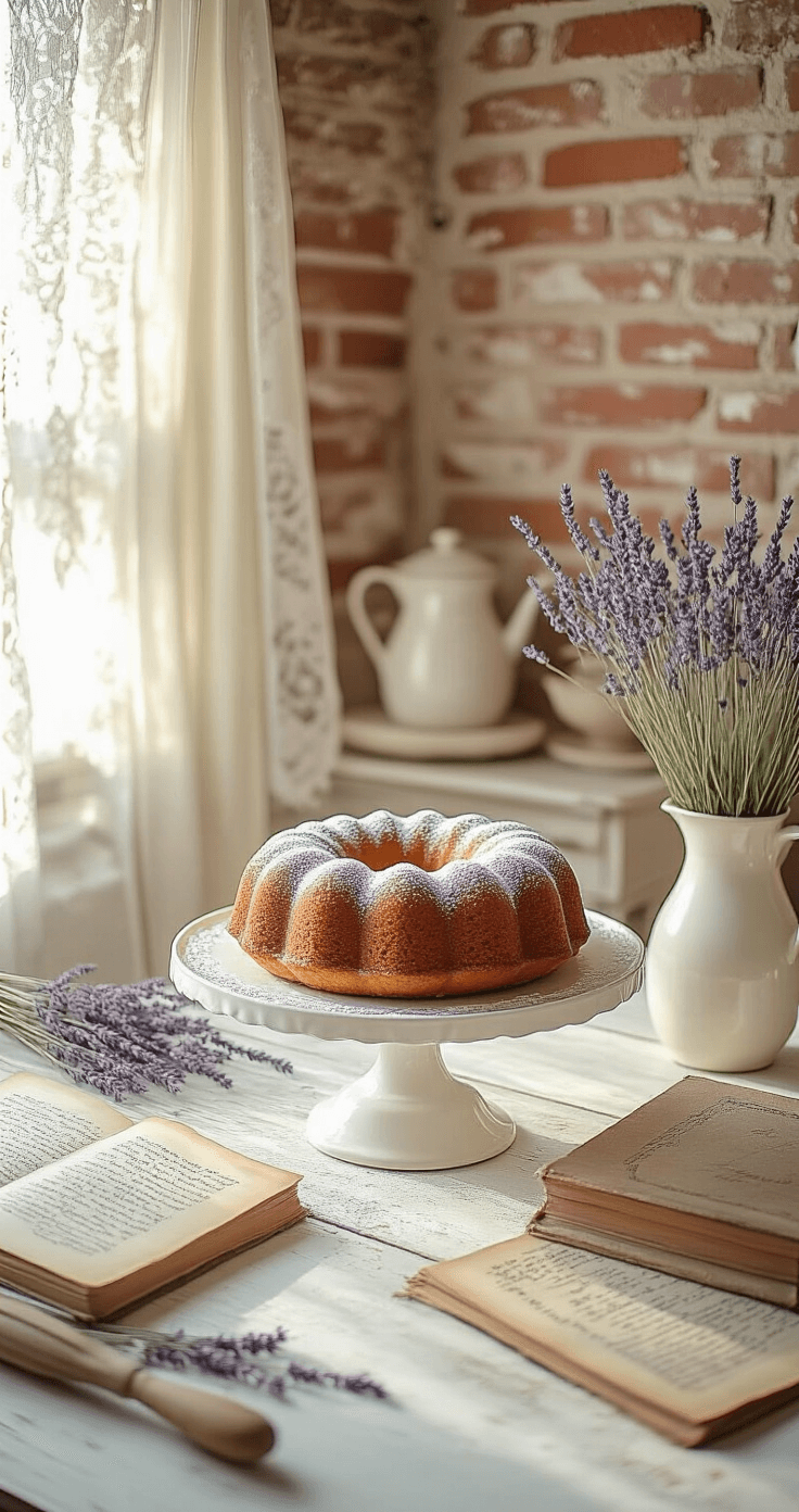 Cozy home bakery corner with exposed brick wall and vintage furniture, showcasing a classic bundt cake on a milk glass stand, illuminated by golden hour light filtering through lace curtains, surrounded by scattered baking tools and dried lavender.