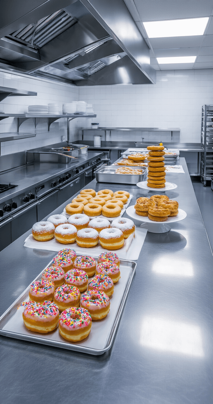Bright, airy commercial kitchen showcasing a stainless steel prep table where a deconstructed donut cake assembly is in progress, highlighting stages of glazing, stacking, and decorating, with colorful sprinkles and pastry tools against a clean, clinical backdrop.