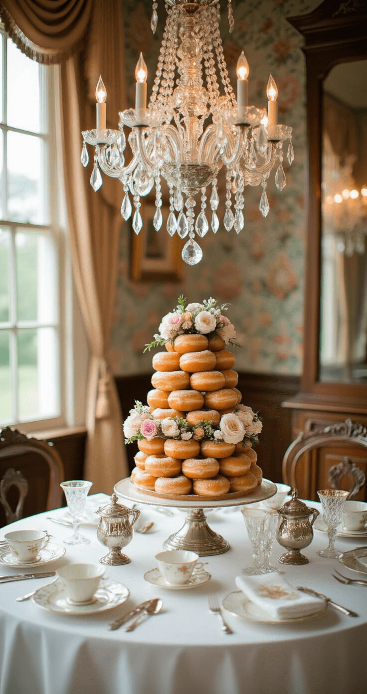 An elegant dessert table in a Victorian-style dining room, featuring a towering donut cake, gold-dipped donuts, fresh flowers, and antique silver serving pieces, illuminated by a crystal chandelier.