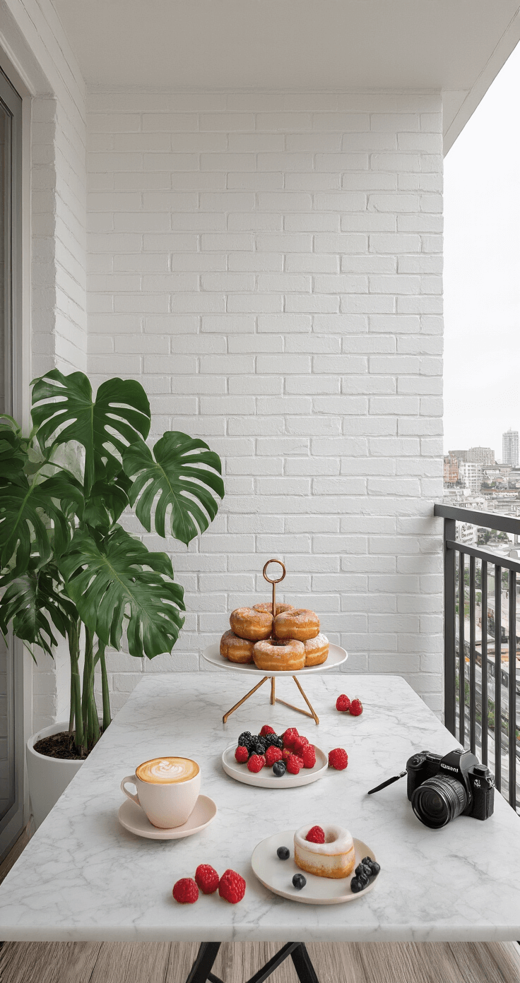 A minimalist balcony setup featuring a marble-top bistro table with a single-tier donut cake on a geometric stand, surrounded by an artisanal coffee cup, scattered fresh berries, and a professional camera. The background includes a clean white brick wall and a potted monstera plant, all illuminated by natural morning light for an Instagram-worthy flat lay with monochromatic tones and subtle pink accents.