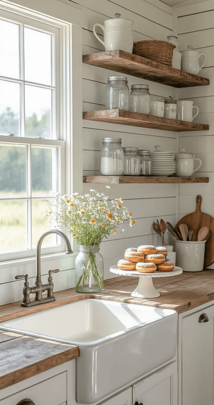 A rustic farmhouse kitchen featuring shiplap walls and reclaimed wood shelving, illuminated by afternoon light through a window. A budget-friendly donut cake display on an enamelware stand is surrounded by mason jars of wildflowers, vintage measuring cups, and organic ingredients, creating a warm and homey atmosphere.